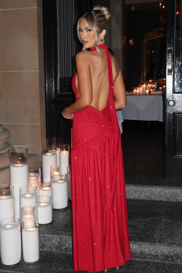 MEGARA · VESTIDO LARGO CON ESCOTE EN PICO Y ESPALDA DESCUBIERTA