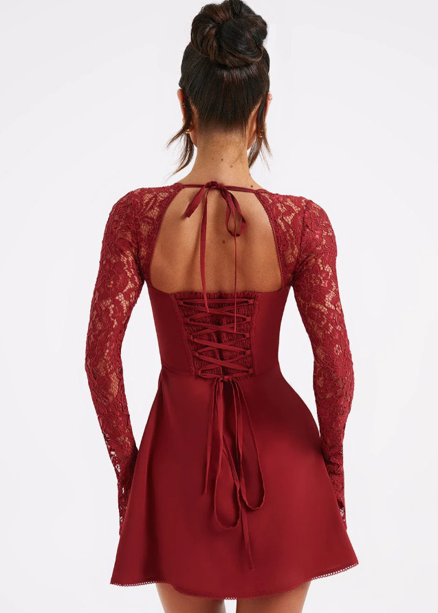 ANABELLE · VESTIDO MINI CON MANGAS DE ENCAJE Y ESPALDA CRUZADA