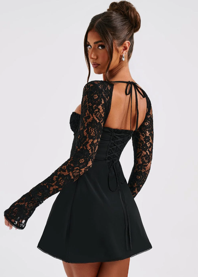 ANABELLE · VESTIDO MINI CON MANGAS DE ENCAJE Y ESPALDA CRUZADA