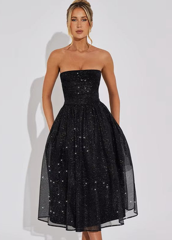 PARIS · VESTIDO MIDI NEGRO BRILLANTE CON ESCOTE RECTO Y LAZO EN LA ESPALDA