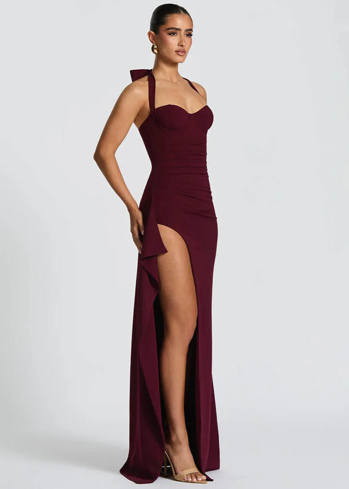 SABRINA · VESTIDO LARGO CON ESCOTE HALTER Y ABERTURA LATERAL