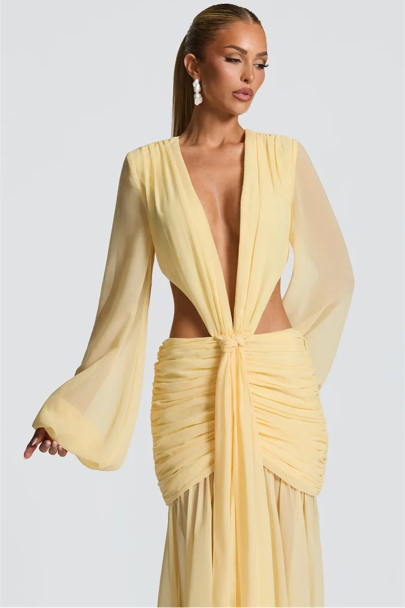 VESTIDO THALASSA · LARGO CON ESCOTE PROFUNDO Y DRAPEADO FRONTAL