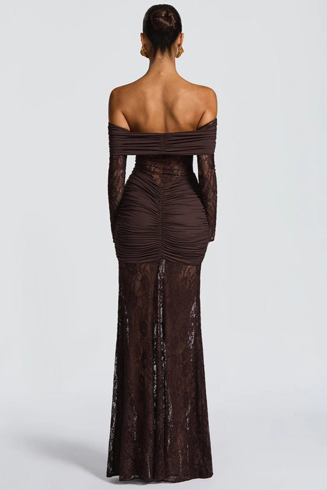 SERAPHINE · VESTIDO LARGO DE ENCAJE CON HOMBROS DESCUBIERTOS Y MANGA LARGA