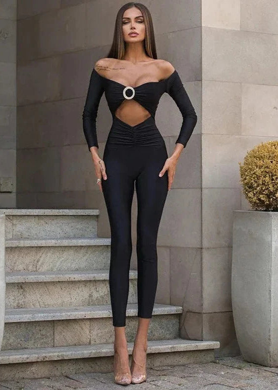 KALI · MONO LARGO DE MANGA LARGA CON HOMBROS CAÍDOS Y ESCOTE PRONUNCIADO