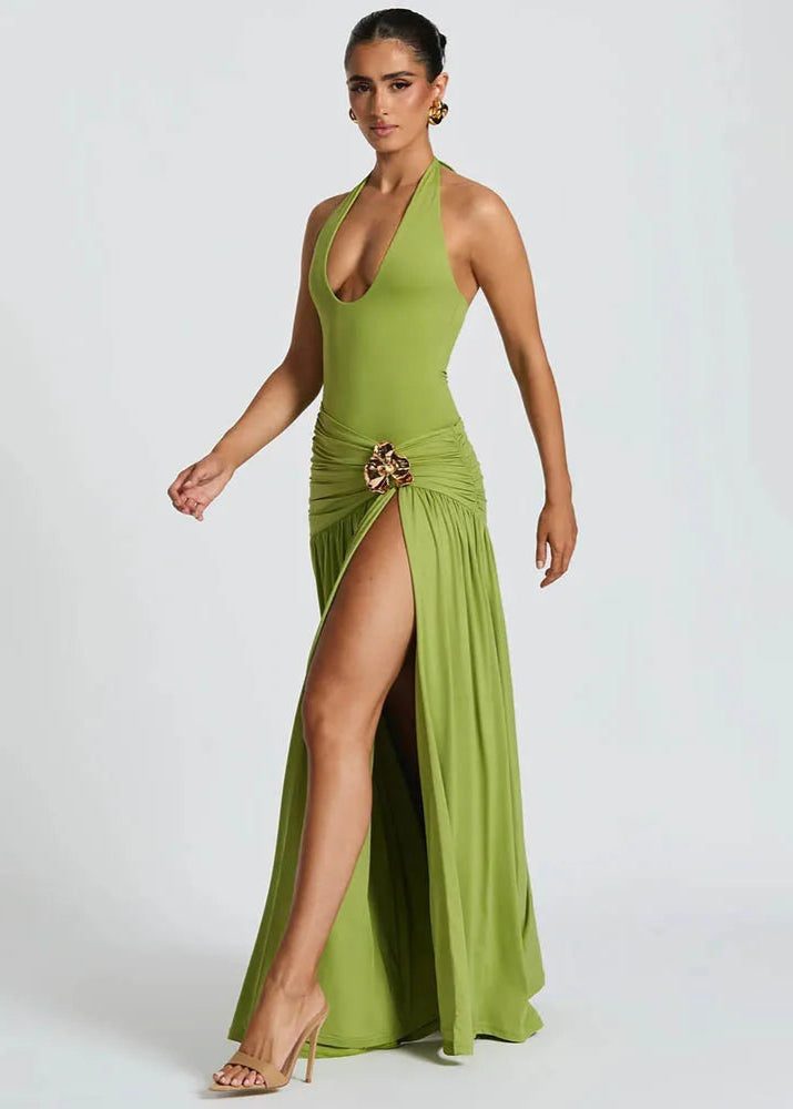 ALEXIA · VESTIDO LARGO CON ABERTURA LATERAL Y DETALLE DE ARO