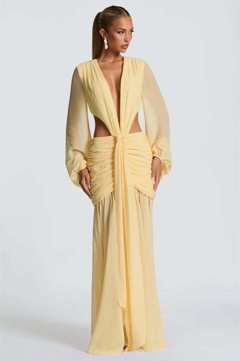 VESTIDO THALASSA · LARGO CON ESCOTE PROFUNDO Y DRAPEADO FRONTAL