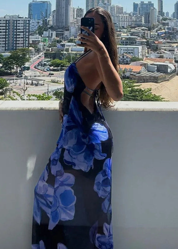 MAREA · VESTIDO LARGO ESTAMPADO DE FLORES AZULES CON TIRANTES FINOS