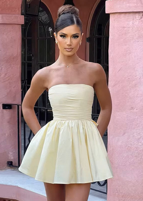 vestido mini escote recto lazo espalda mujer elegante amarillo