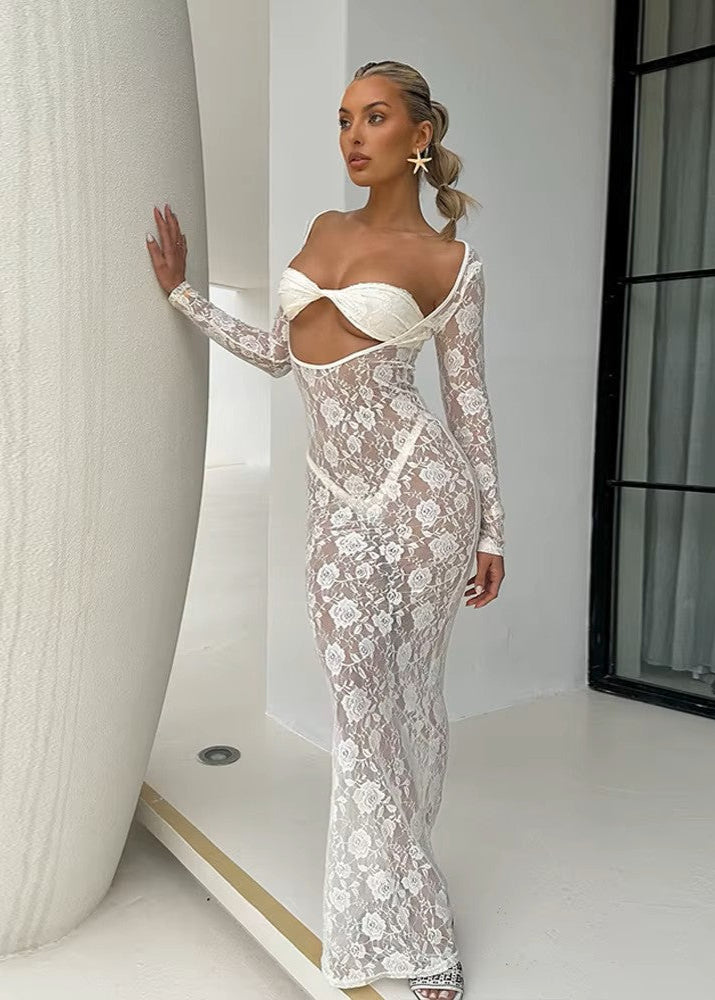 ALARA · VESTIDO MAXI DE ENCAJE CON ABERTURA FRONTAL Y MANGAS LARGAS