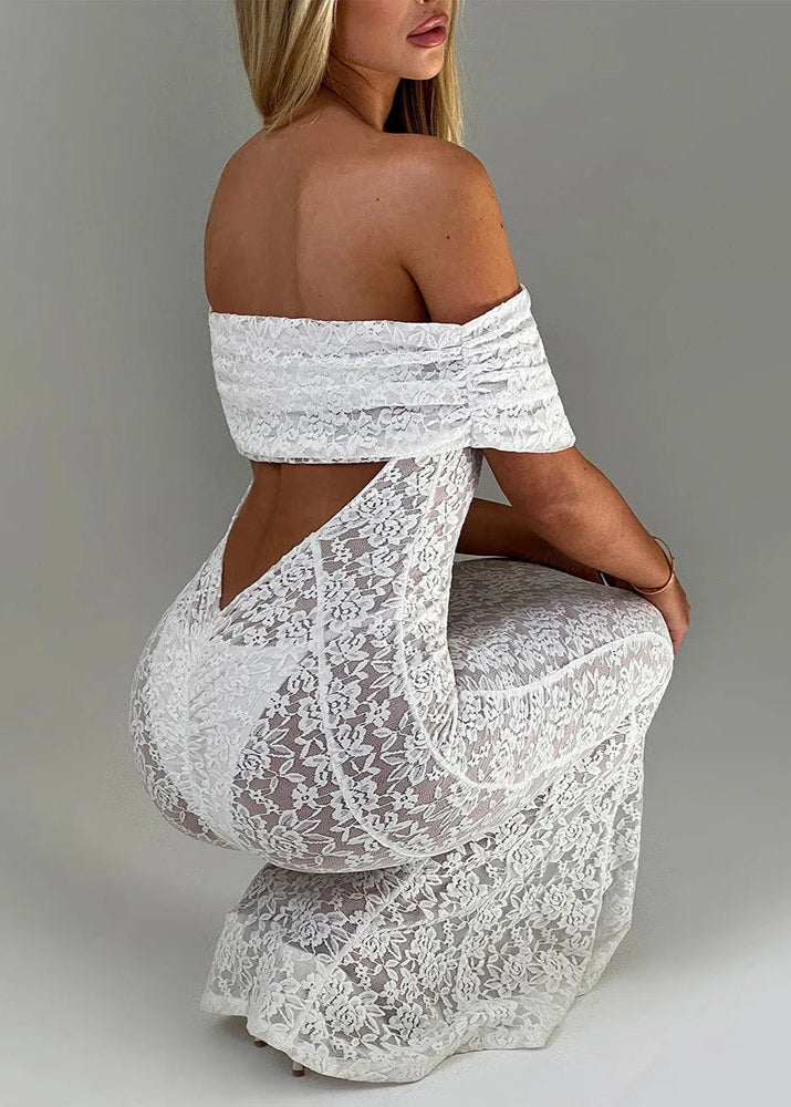 KENDRA · VESTIDO LARGO DE ENCAJE CON ESCOTE BARDOT Y ESPALDA DESCUBIERTA