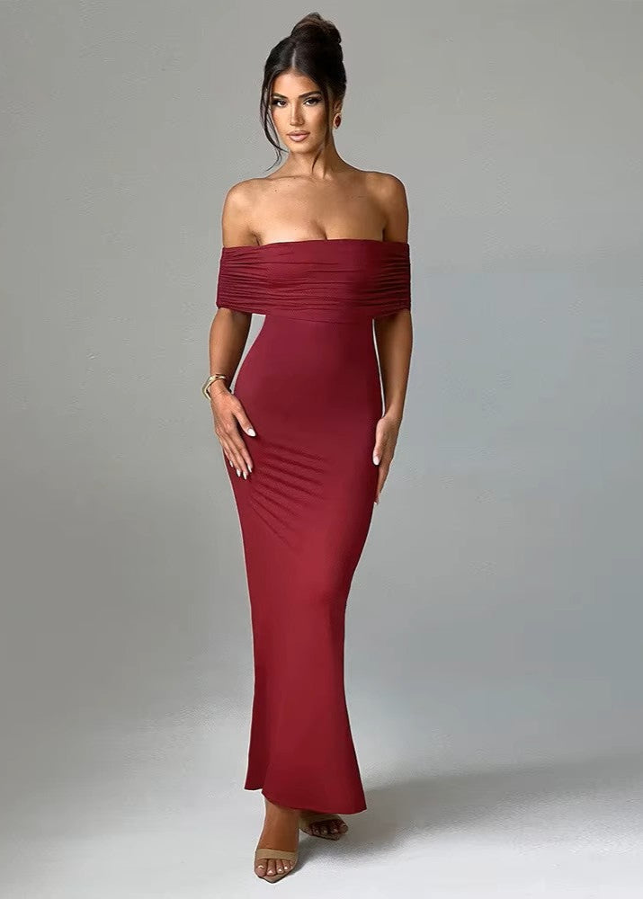 NICOLE · VESTIDO MAXI BARDOT CON ESPALDA DESCUBIERTA Y FALDA CEÑIDA