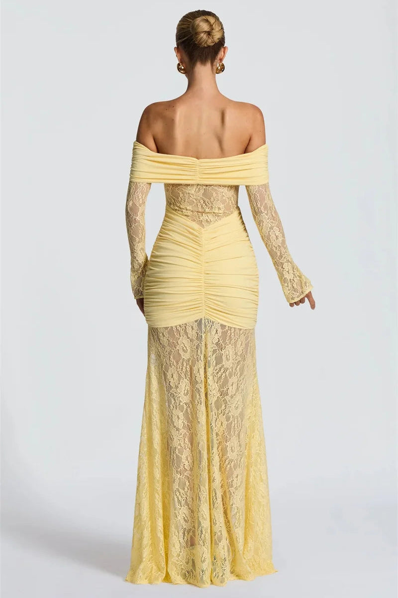 SERAPHINE · VESTIDO LARGO DE ENCAJE CON HOMBROS DESCUBIERTOS Y MANGA LARGA