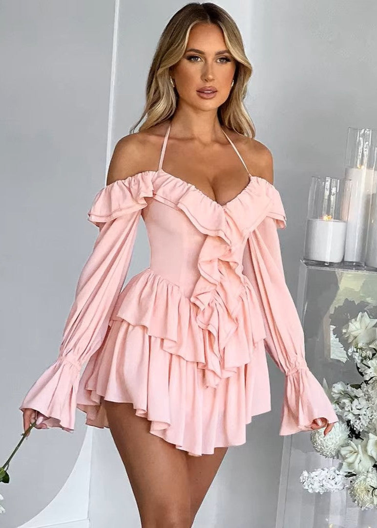 ATENEA · VESTIDO MINI CON ESCOTE EN V Y VOLANTES AL VUELO