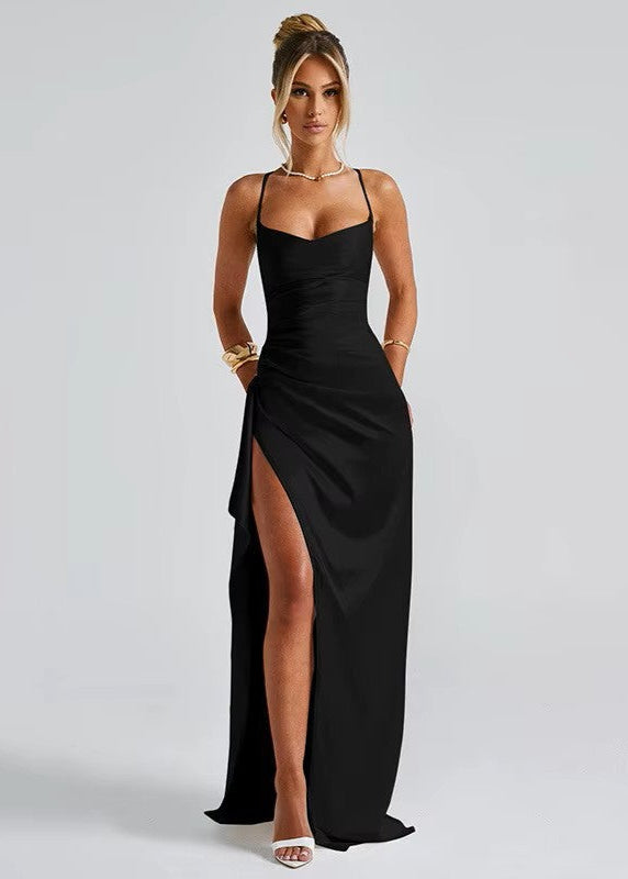 NORMA · VESTIDO LARGO SATINADO CON ESCOTE CORAZÓN Y ESPALDA CRUZADA