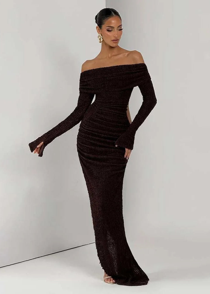 ZAHARA · VESTIDO LARGO FRUNCIDO CON ESCOTE BARDOT Y ABERTURA LATERAL