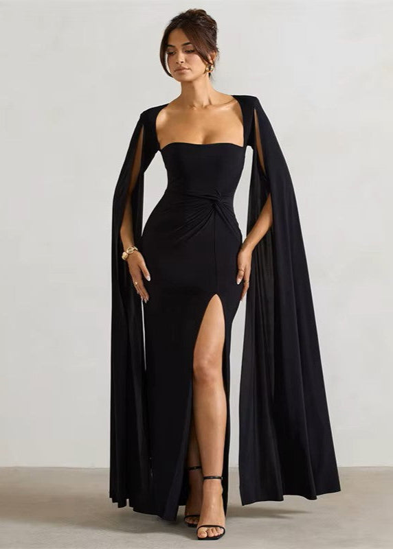 LUCIANNA · VESTIDO MAXI RECTO CON MANGAS ABIERTAS Y ABERTURA LATERAL