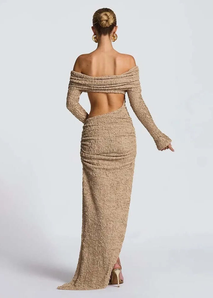 ZAHARA · VESTIDO LARGO FRUNCIDO CON ESCOTE BARDOT Y ABERTURA LATERAL