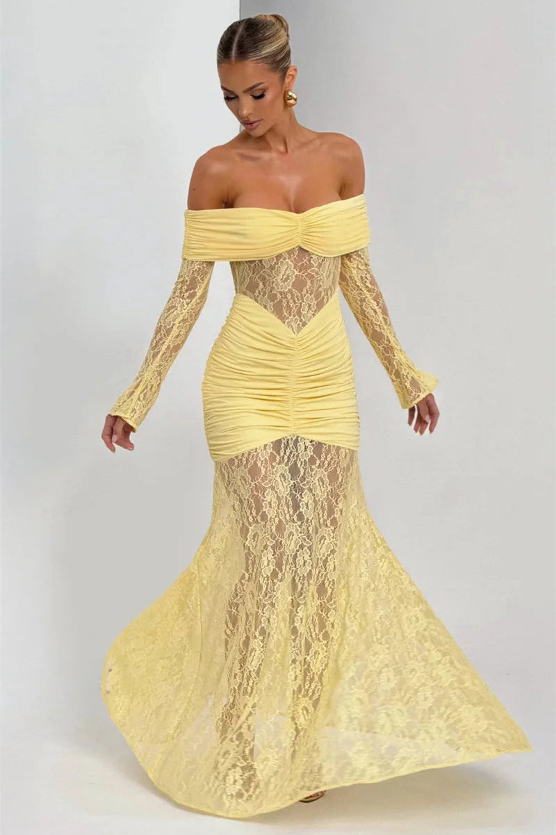 SERAPHINE · VESTIDO LARGO DE ENCAJE CON HOMBROS DESCUBIERTOS Y MANGA LARGA