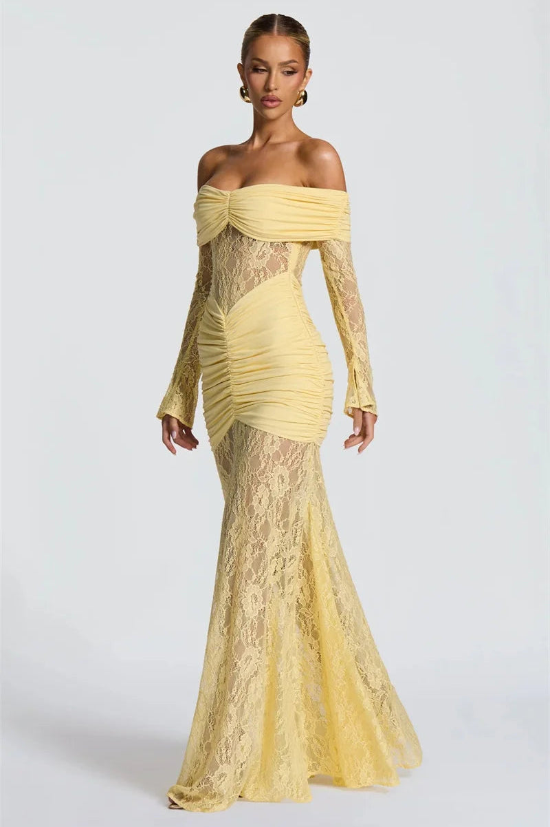 SERAPHINE · VESTIDO LARGO DE ENCAJE CON HOMBROS DESCUBIERTOS Y MANGA LARGA