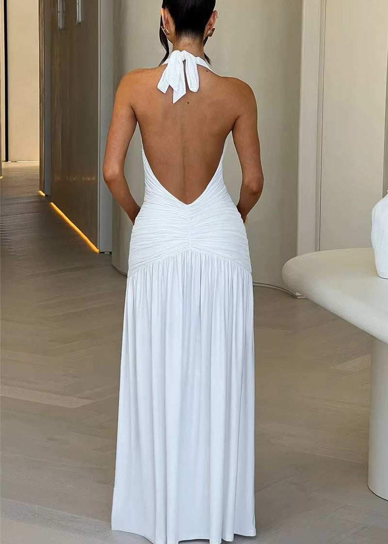 ALESSIA · VESTIDO MAXI CON ESPALDA DESCUBIERTA, FRUNCE Y ABERTURA LATERAL