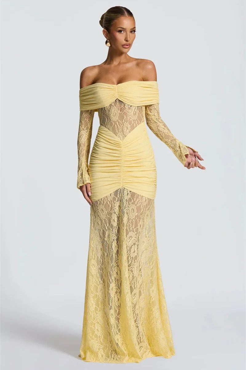 SERAPHINE · VESTIDO LARGO DE ENCAJE CON HOMBROS DESCUBIERTOS Y MANGA LARGA