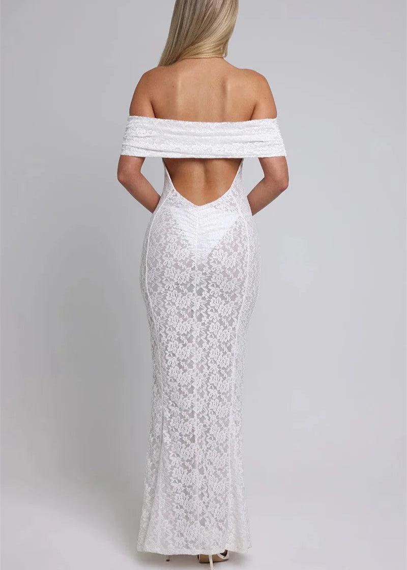 KENDRA · VESTIDO LARGO DE ENCAJE CON ESCOTE BARDOT Y ESPALDA DESCUBIERTA