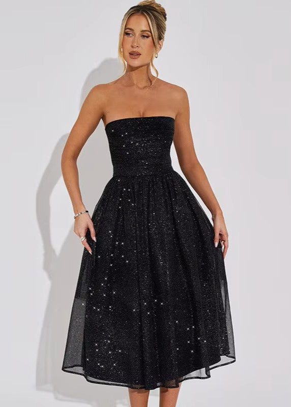 PARIS · VESTIDO MIDI NEGRO BRILLANTE CON ESCOTE RECTO Y LAZO EN LA ESPALDA
