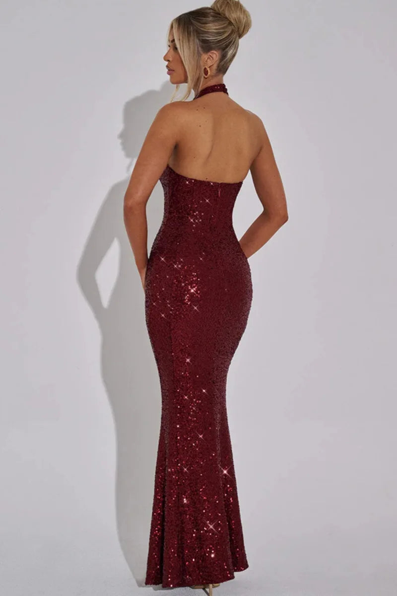 ARIELLE · VESTIDO LARGO CON ESCOTE HALTER Y LENTEJUELAS