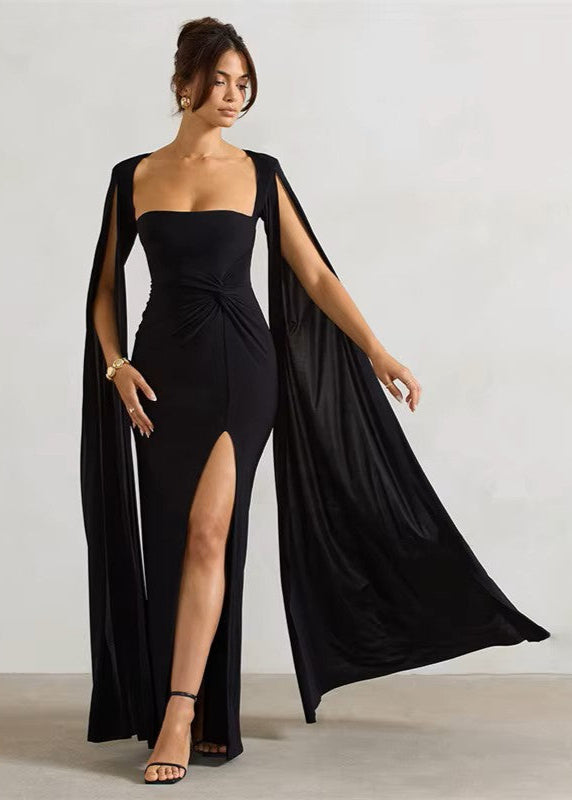 LUCIANNA · VESTIDO MAXI RECTO CON MANGAS ABIERTAS Y ABERTURA LATERAL