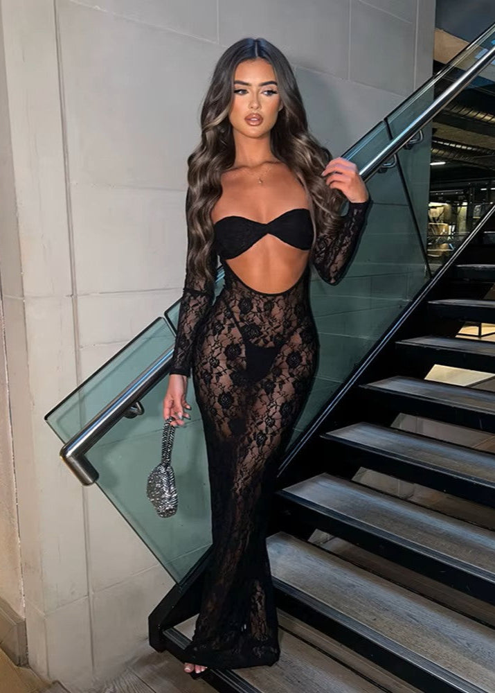 ALARA · VESTIDO MAXI DE ENCAJE CON ABERTURA FRONTAL Y MANGAS LARGAS