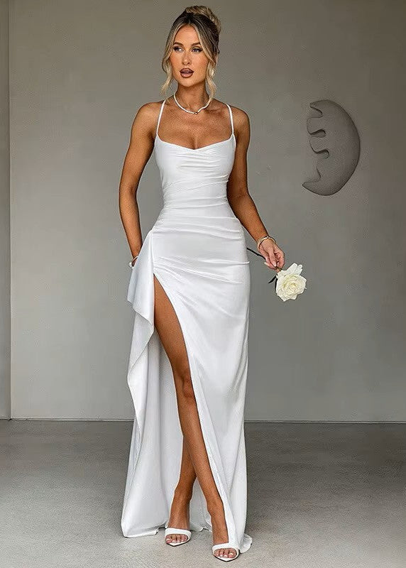 NORMA · VESTIDO LARGO SATINADO CON ESCOTE CORAZÓN Y ESPALDA CRUZADA