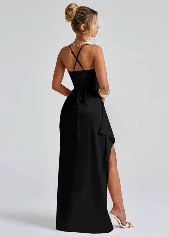 NORMA · VESTIDO LARGO SATINADO CON ESCOTE CORAZÓN Y ESPALDA CRUZADA