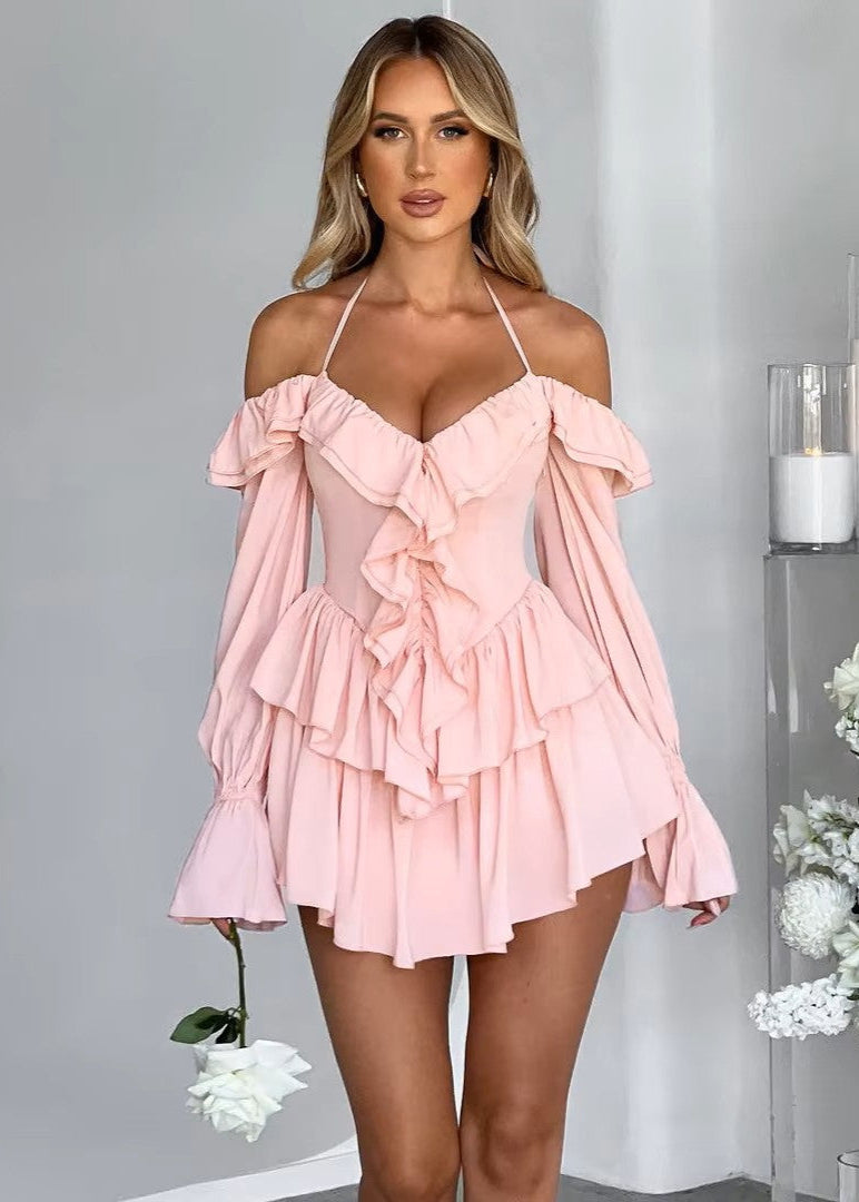 ATENEA · VESTIDO MINI CON ESCOTE EN V Y VOLANTES AL VUELO