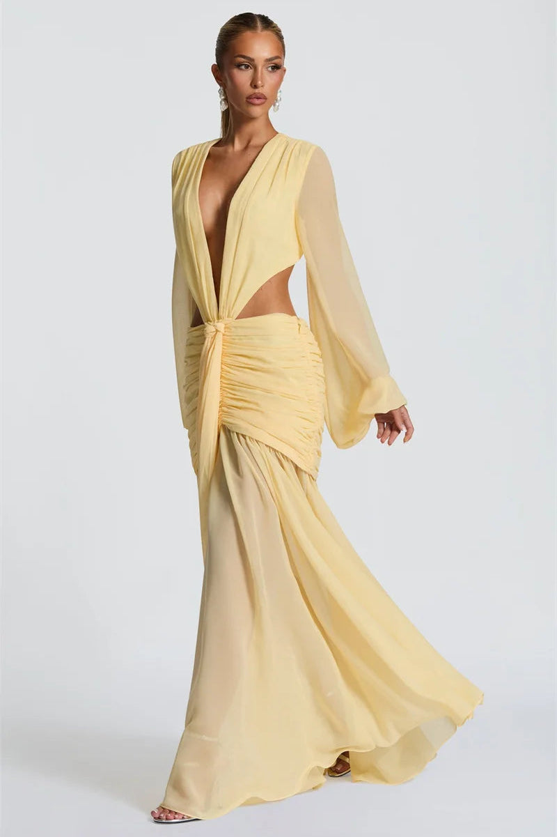 VESTIDO THALASSA · LARGO CON ESCOTE PROFUNDO Y DRAPEADO FRONTAL