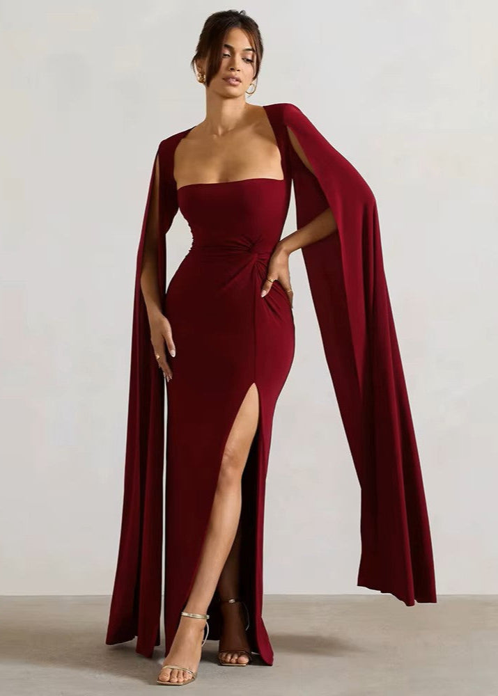 LUCIANNA · VESTIDO MAXI RECTO CON MANGAS ABIERTAS Y ABERTURA LATERAL