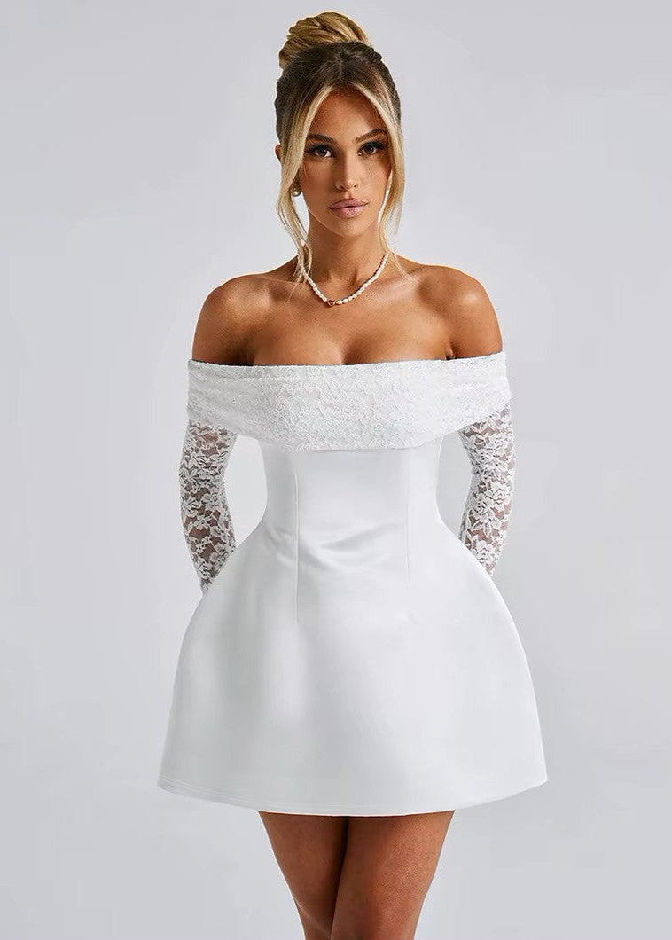 GAIA · VESTIDO MINI BARDOT CON MANGAS DE ENCAJE Y FALDA CON VUELO