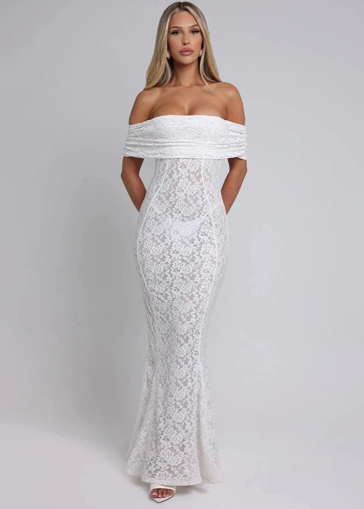 KENDRA · VESTIDO LARGO DE ENCAJE CON ESCOTE BARDOT Y ESPALDA DESCUBIERTA