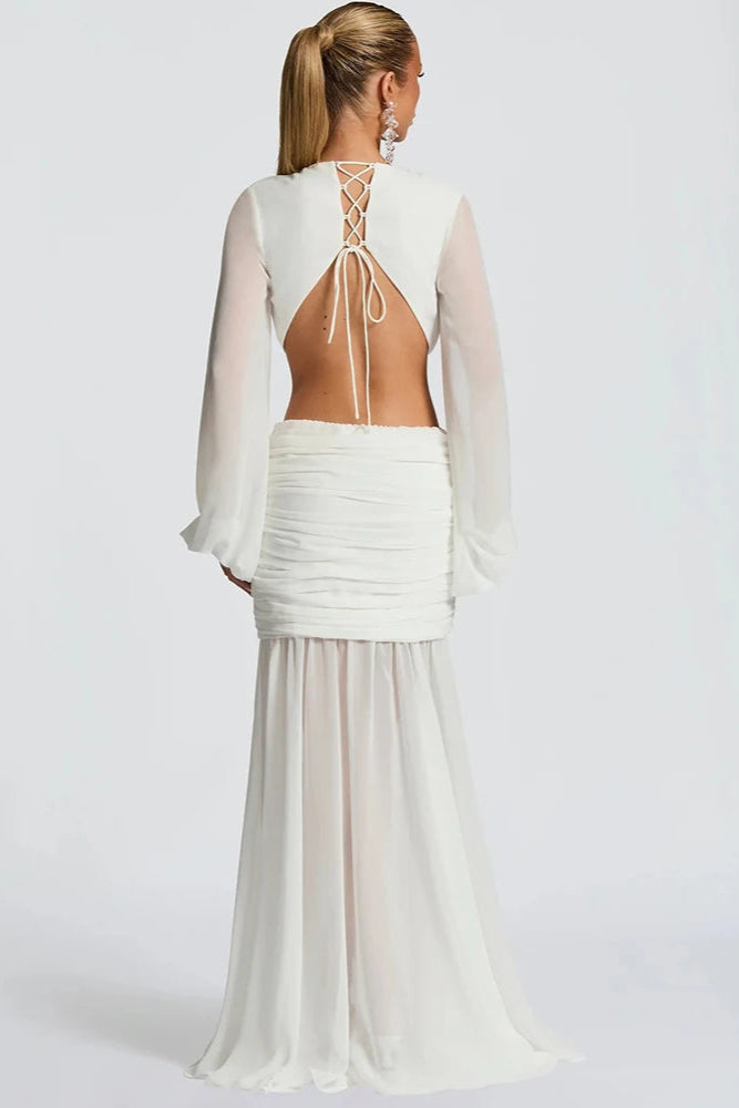 VESTIDO THALASSA · LARGO CON ESCOTE PROFUNDO Y DRAPEADO FRONTAL
