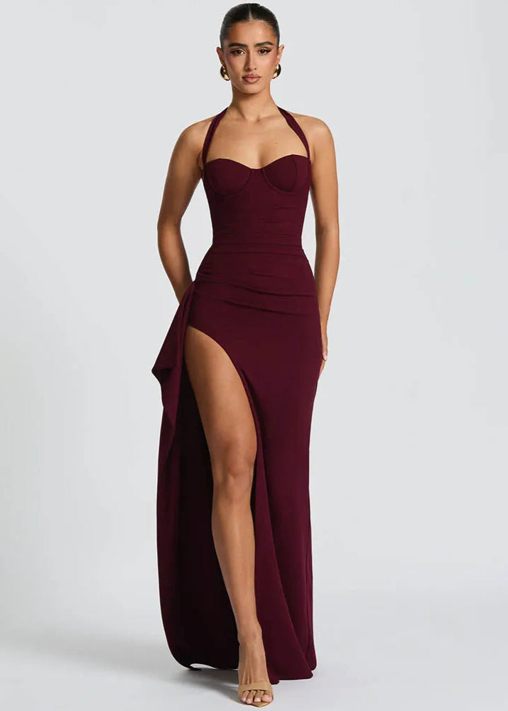 SABRINA · VESTIDO LARGO CON ESCOTE HALTER Y ABERTURA LATERAL