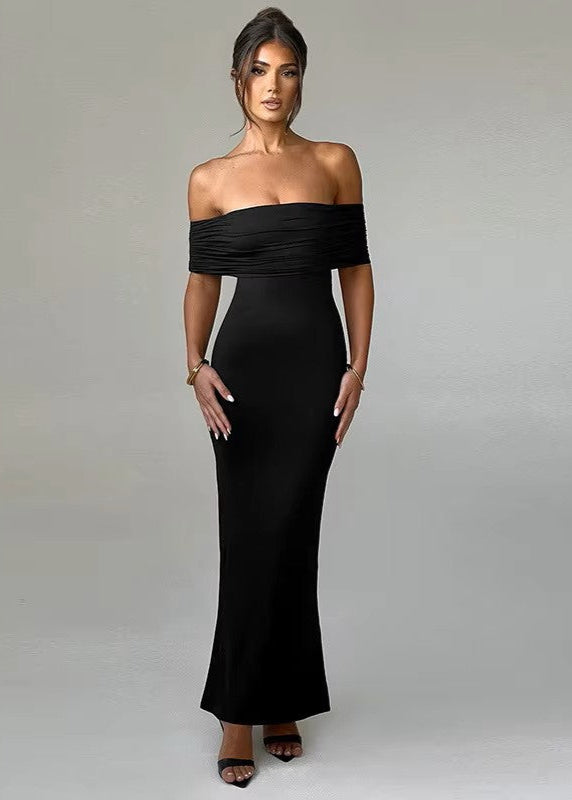 NICOLE · VESTIDO MAXI BARDOT CON ESPALDA DESCUBIERTA Y FALDA CEÑIDA