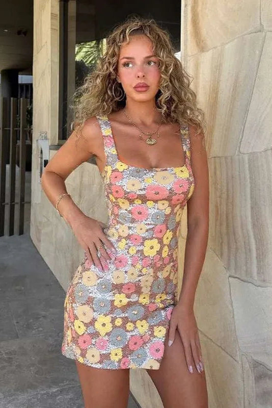 MAELYS · VESTIDO MINI DE LENTEJUELAS FLORALES CON ESCOTE CUADRADO