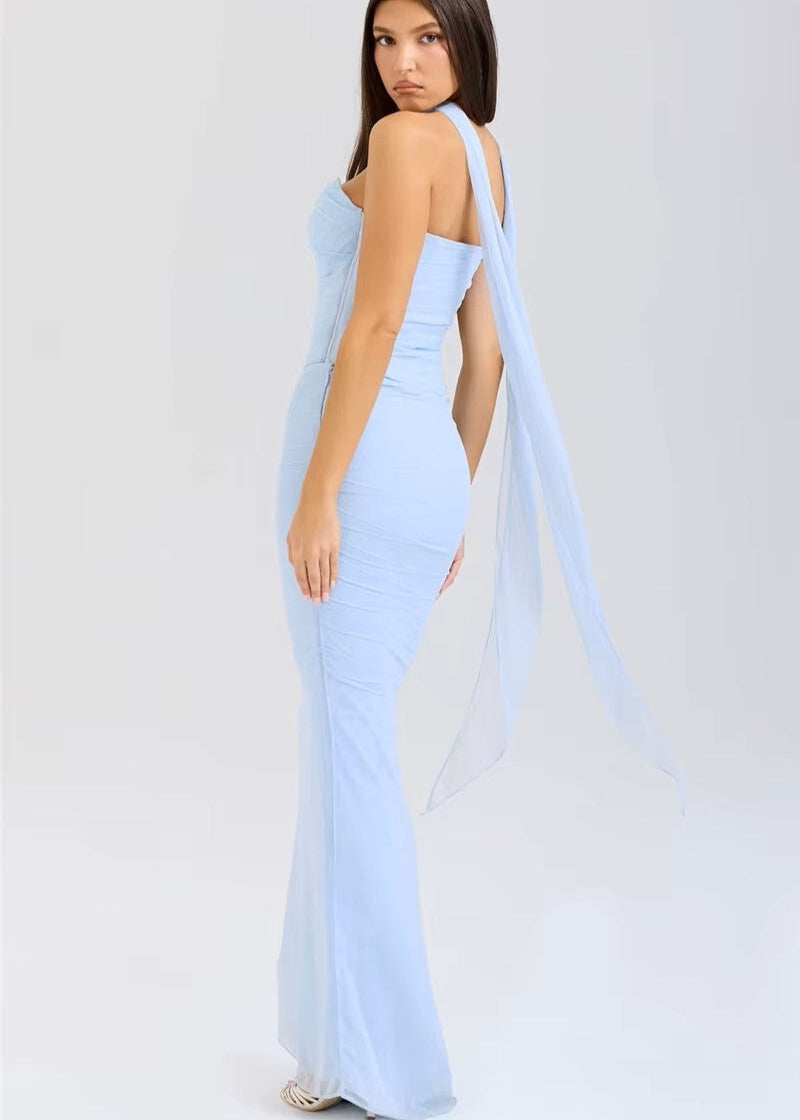 NINA · CONJUNTO DE TOP ENCORSETADO Y FALDA MAXI CON CHAL LIGERO