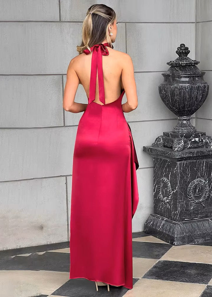 APHRODITE · VESTIDO MAXI DE SATÉN CON ESCOTE HALTER Y VOLANTE LATERAL