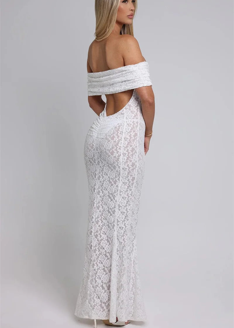 KENDRA · VESTIDO LARGO DE ENCAJE CON ESCOTE BARDOT Y ESPALDA DESCUBIERTA