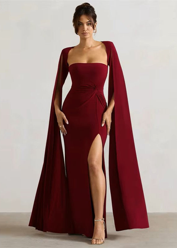 LUCIANNA · VESTIDO MAXI RECTO CON MANGAS ABIERTAS Y ABERTURA LATERAL