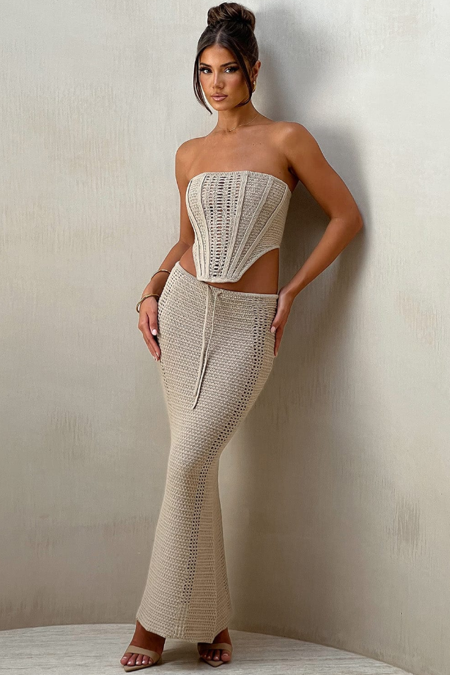 conjunto croché mujer top espalda cruzada sin mangas falda maxi blanco caqui verano elegante