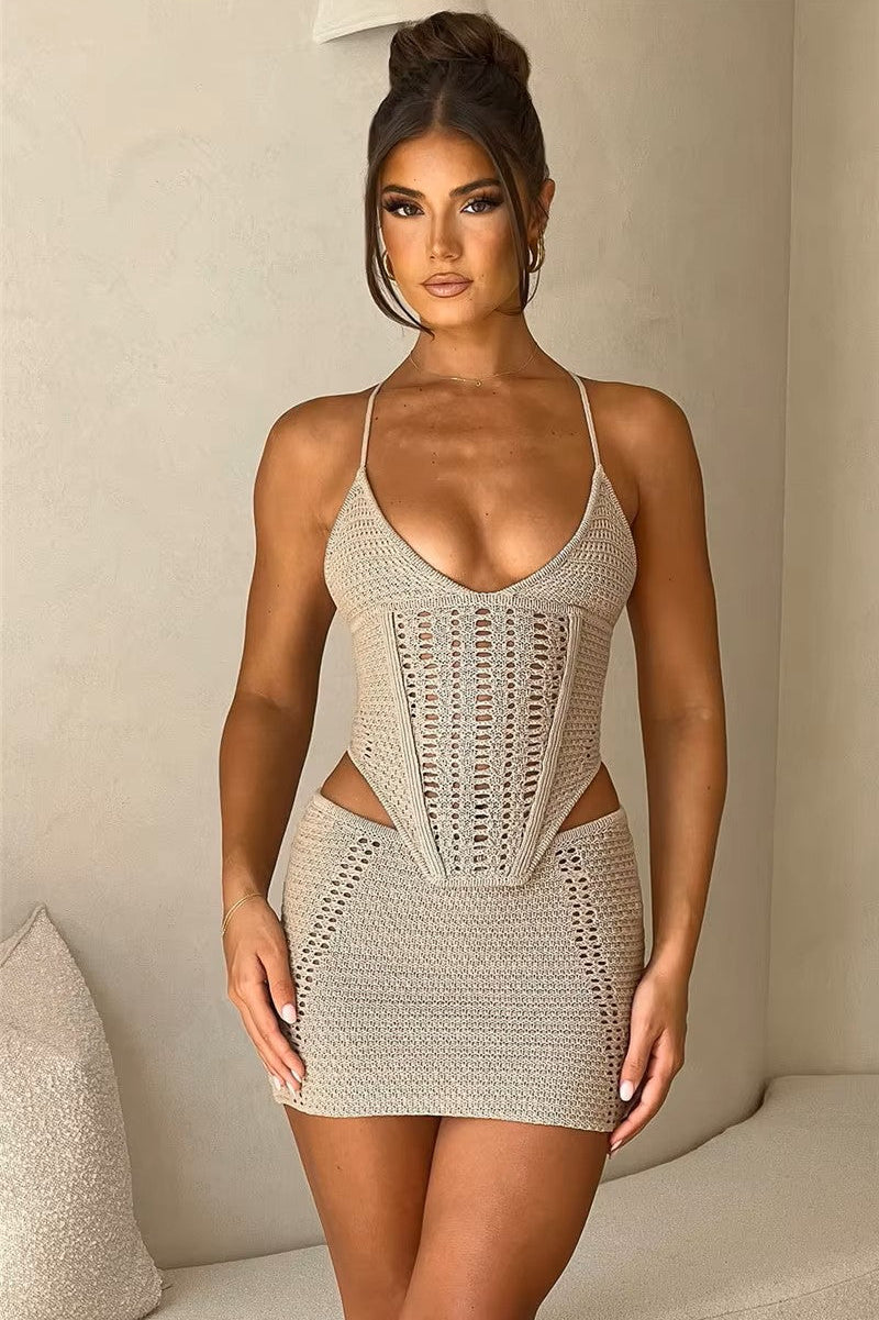 conjunto crochet mujer top escote pico espalda descubierta falda mini