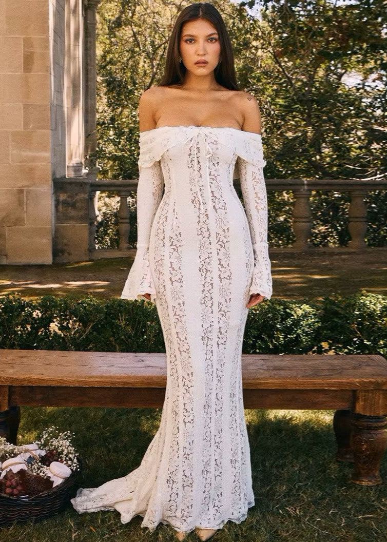 vestido blanco largo encaje bardot mangas acampanadas mujer