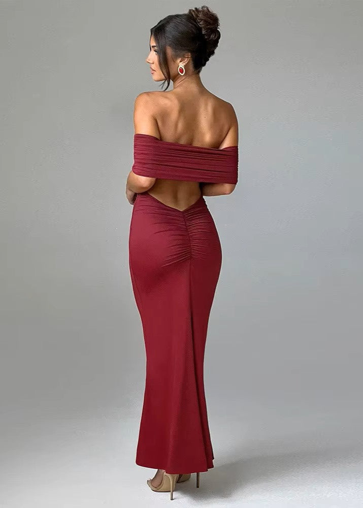 vestido largo bardot escote recto mujer espalda descubierta ceñido elegante granate negro