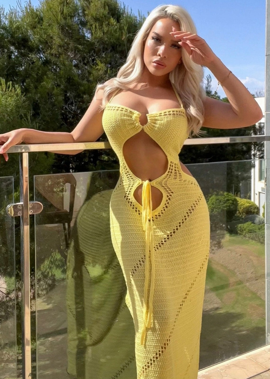 vestido largo crochet mujer escote aro abertura ombligo espalda descubierta bohemio amarillo